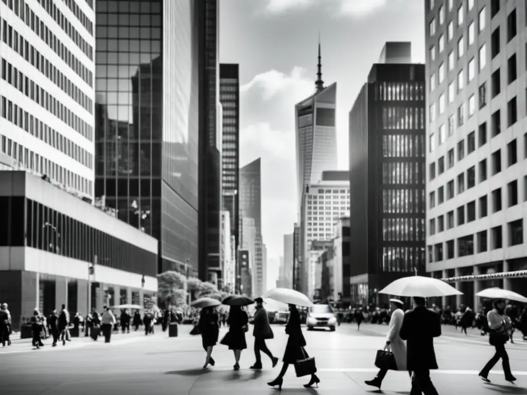 Escena urbana en blanco y negro con rascacielos imponentes y personas transitando, simbolizando la vida cotidiana y la filosofía práctica en la ciudad