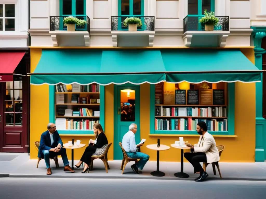 Escena urbana con gente debatiendo en cafetería y leyendo filosofía ilustrada