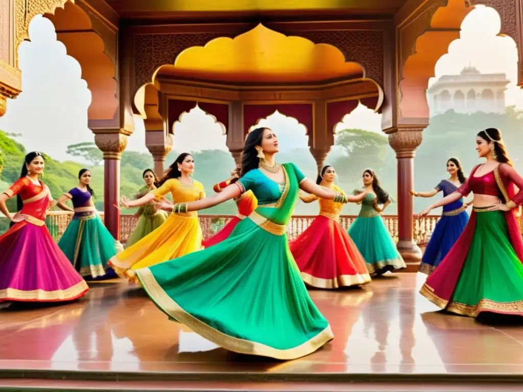 Una escena vibrante y colorida de Bollywood, con danza, vestuarios tradicionales y energía dinámica