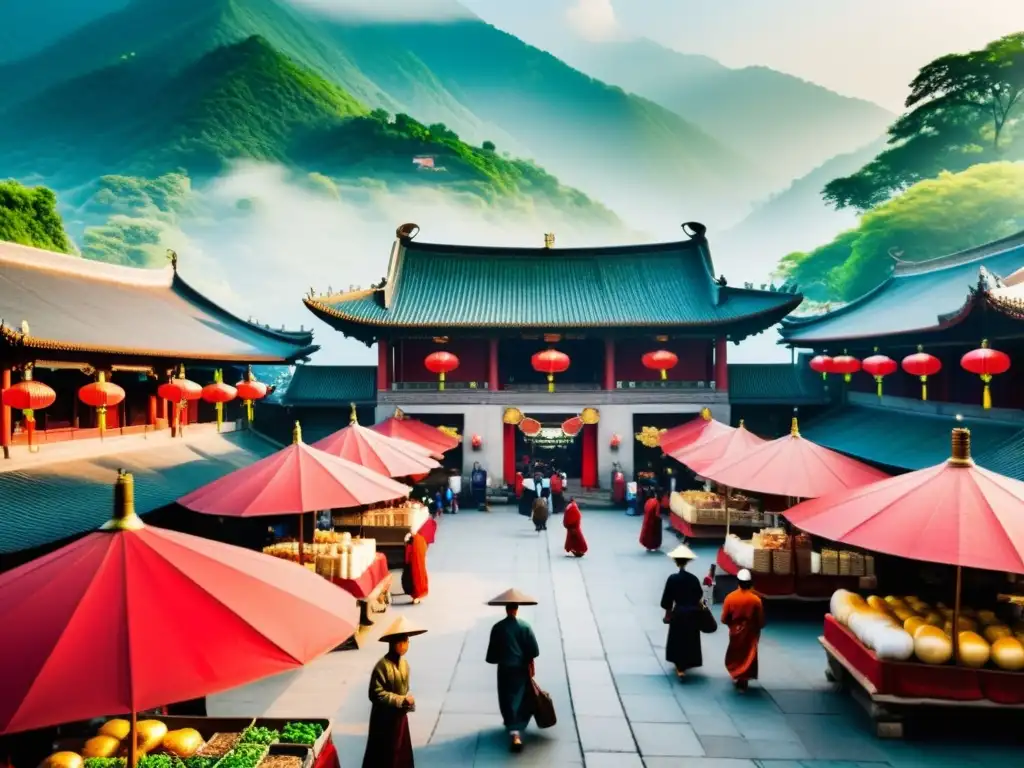 Escena vibrante de mercado chino tradicional con vendedores bajo sombrillas rojas, rodeados de edificios antiguos y montañas brumosas