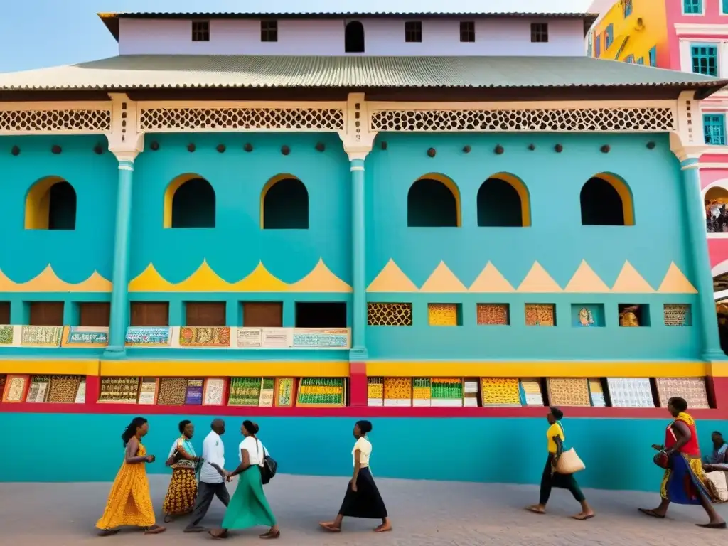 Escena vibrante de mercado junto a arquitectura postcolonial