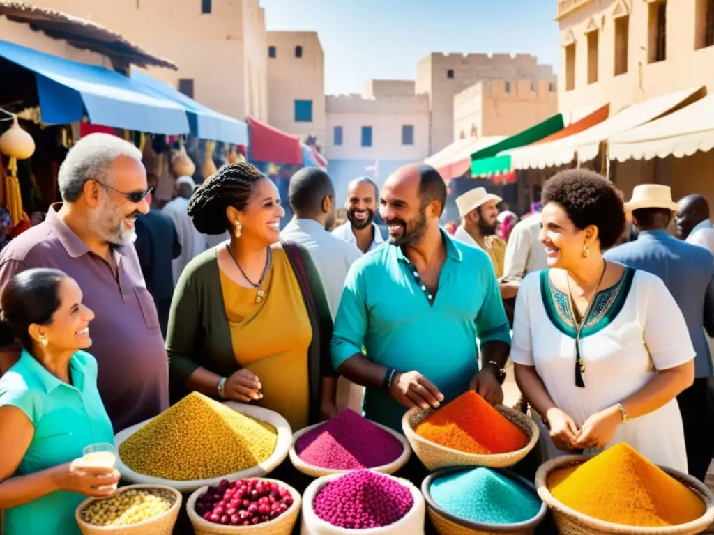 Escena vibrante en mercado norteafricano con diversidad de personas, colores y aromas, reflejando la filosofía panafricanista en el norte