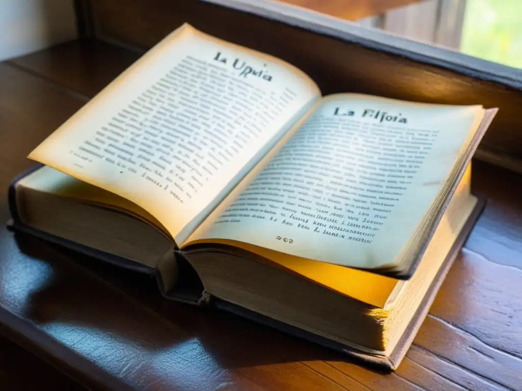 Un escenario académico con un libro antiguo abierto sobre un escritorio de madera, bañado por luz natural