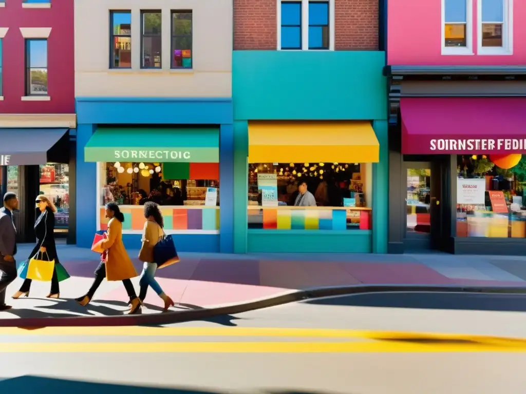 Un escenario urbano vibrante, con personas paseando y haciendo compras, reflejando la libertad individual en consumo existencialista