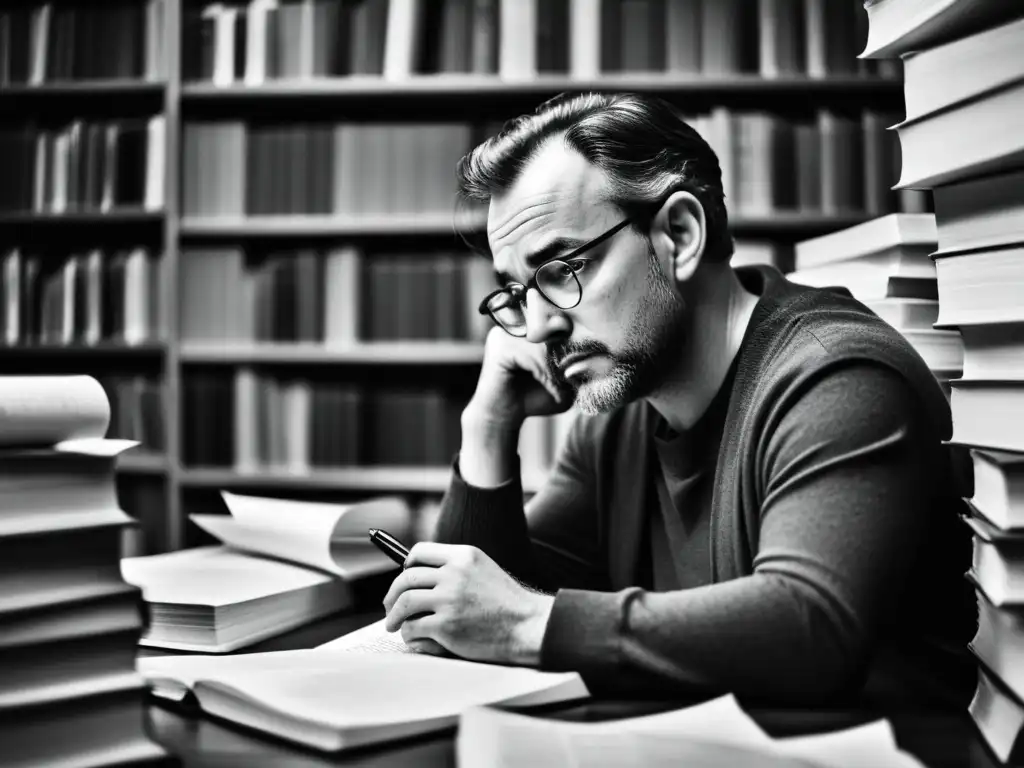 Un escritor reflexivo rodeado de libros, sumido en profunda contemplación sobre la influencia filosófica en sus personajes literarios