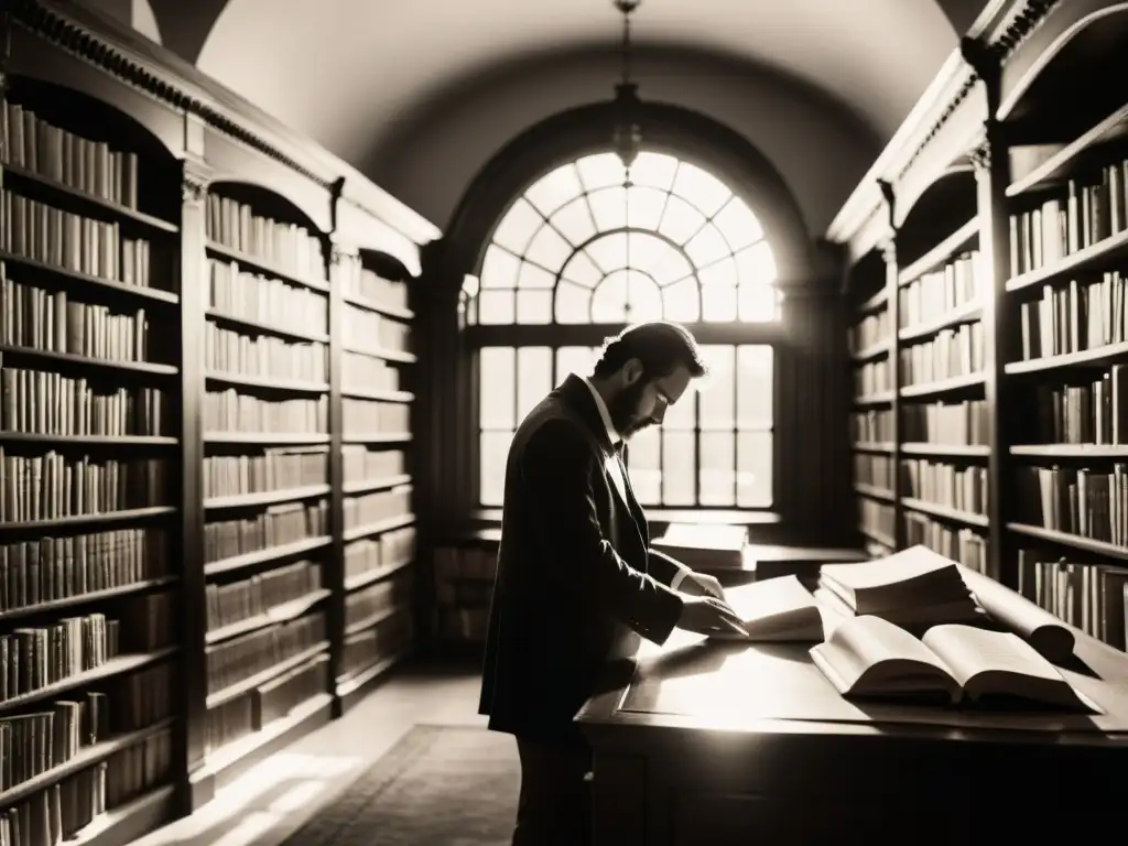 Un escritor sumergido en la contemplación en una biblioteca antigua