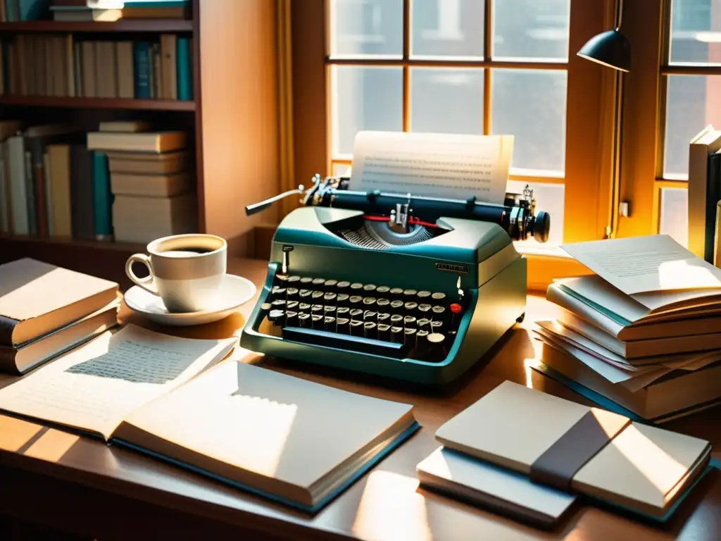 Escritorio desordenado de un autor postmodernista con libros, papeles, máquina de escribir y café