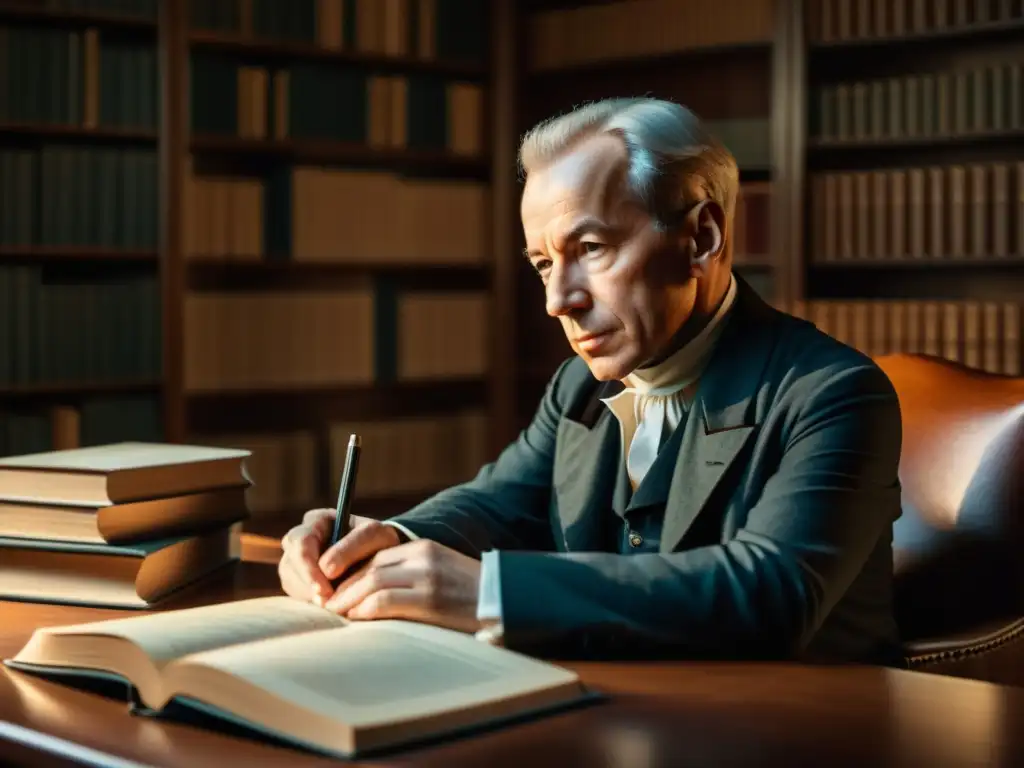 Immanuel Kant reflexionando en su escritorio, inmerso en profundas ideas
