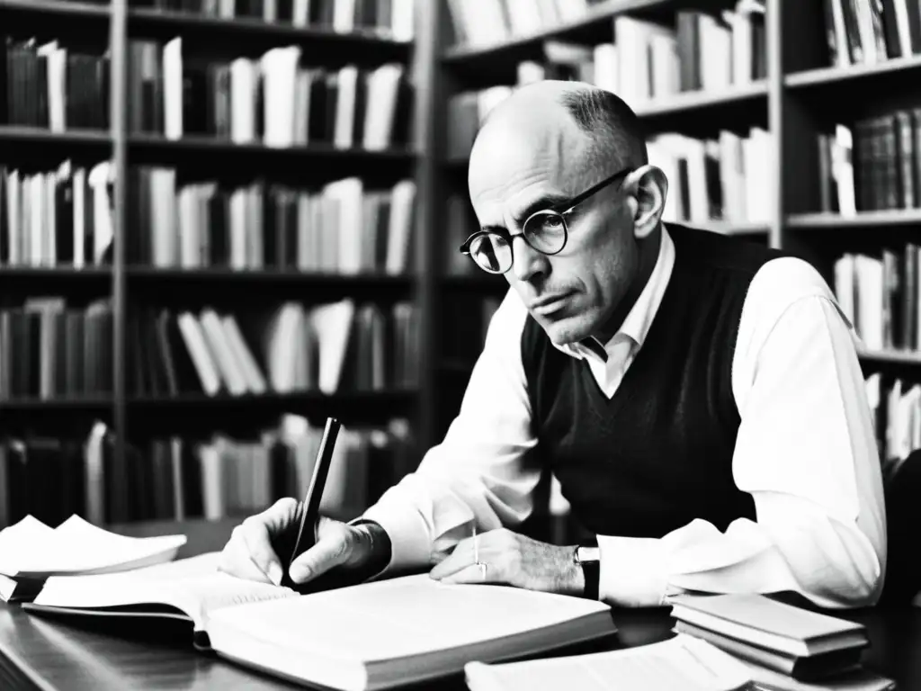 Michel Foucault reflexiona en su escritorio entre libros y papeles, transmitiendo la atmósfera intelectual de su trabajo