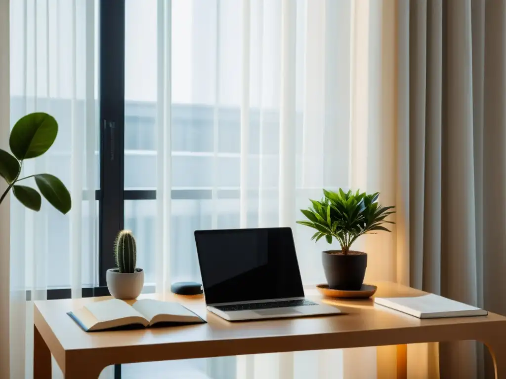 Escritorio minimalista con computadora moderna, libros financieros y planta, bañado en luz natural