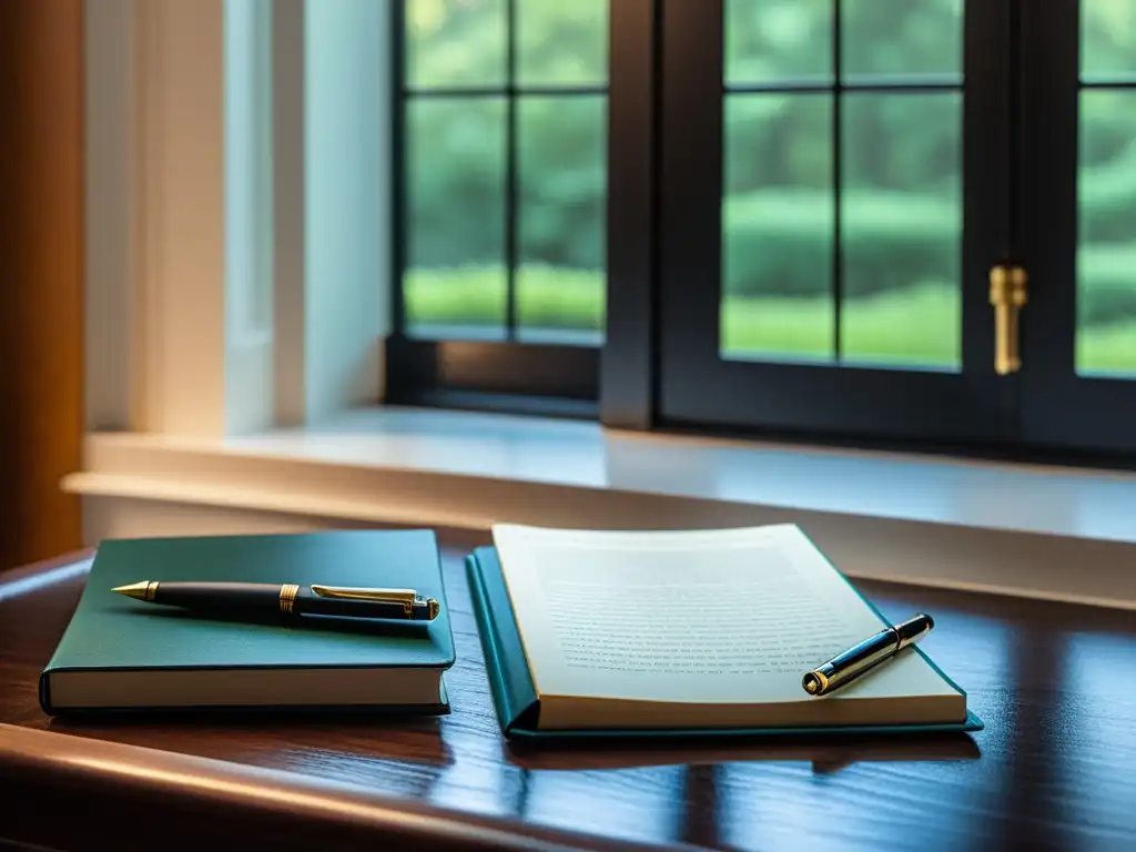 Un escritorio minimalista con filosofía para simplificar inversiones, un diario, portafolios y una pluma vintage