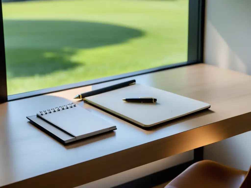 Escritorio minimalista con laptop moderna y filosofía para simplificar inversiones, bañado en luz natural con vista serena al exterior
