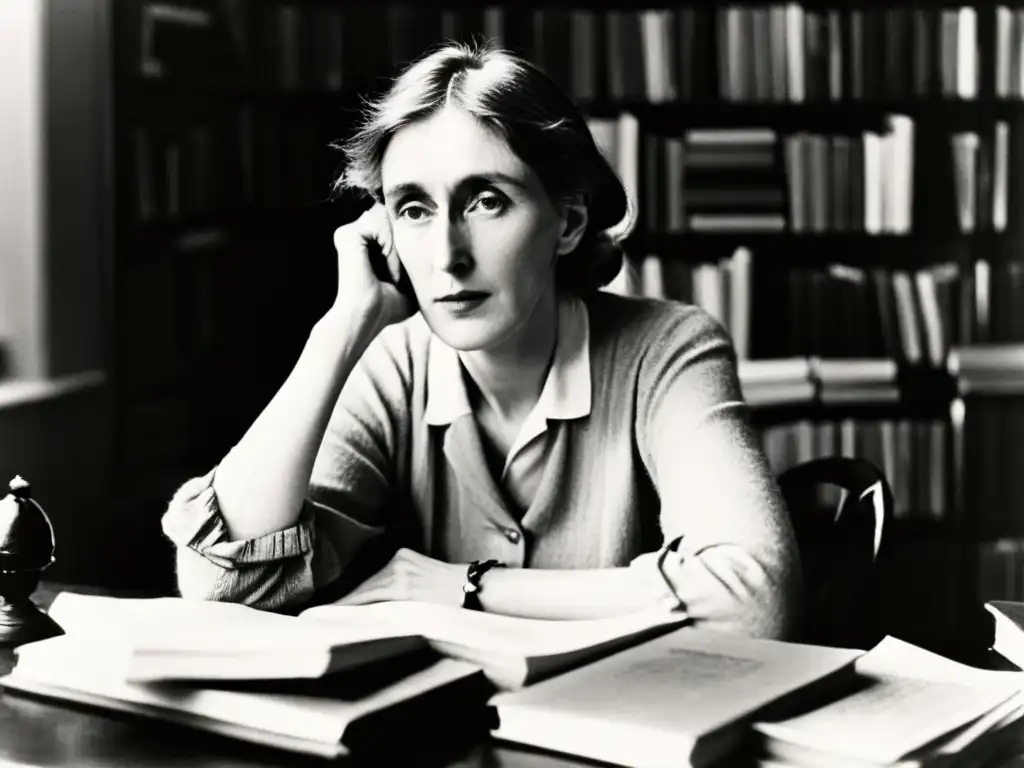 Virginia Woolf reflexiona en su escritorio, rodeada de libros y papeles, con una expresión contemplativa