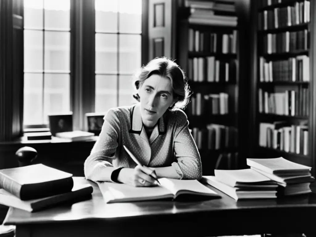Virginia Woolf en su escritorio, rodeada de libros y papeles