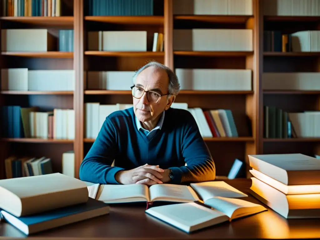 Thomas Kuhn reflexiona en su escritorio, rodeado de libros y papeles, en un ambiente de curiosidad intelectual