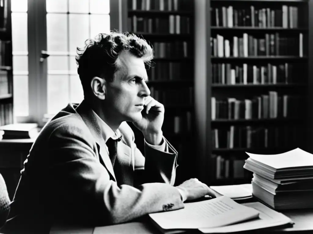 Ludwig Wittgenstein reflexiona en su escritorio, rodeado de libros y papeles, mientras la luz dramática realza su expresión