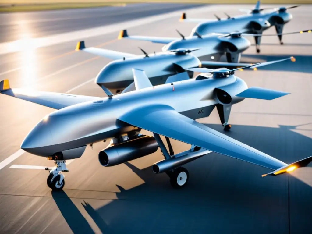 Un escuadrón de drones militares autónomos listos para despegar, con tecnología AI de vanguardia