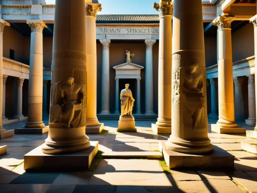 Escuela de filosofía estoica en la antigua Roma: columnas de mármol, filósofos discutiendo y luz solar filtrándose entre las sombras