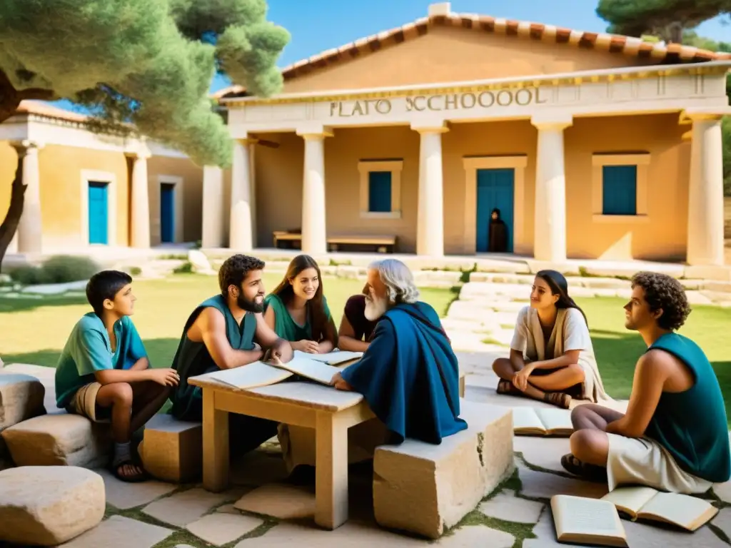 Escuela griega antigua con Platón y estudiantes en debates filosóficos en un patio soleado, capturando la vida de Platón exploración filosófica