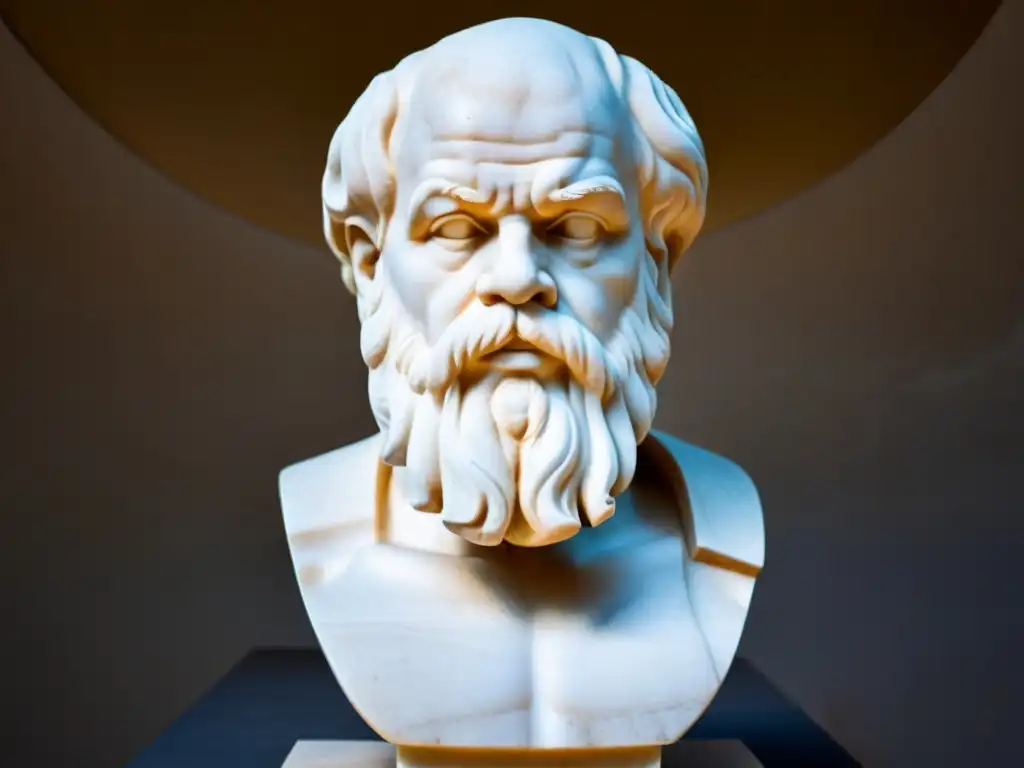 Esculpura de Sócrates en mármol con expresión reflexiva y detallada