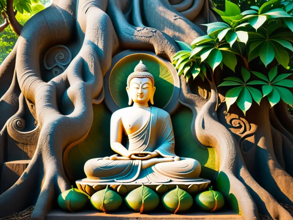 Escultura antigua del Buda meditando bajo el árbol Bodhi, rodeado de naturaleza exuberante