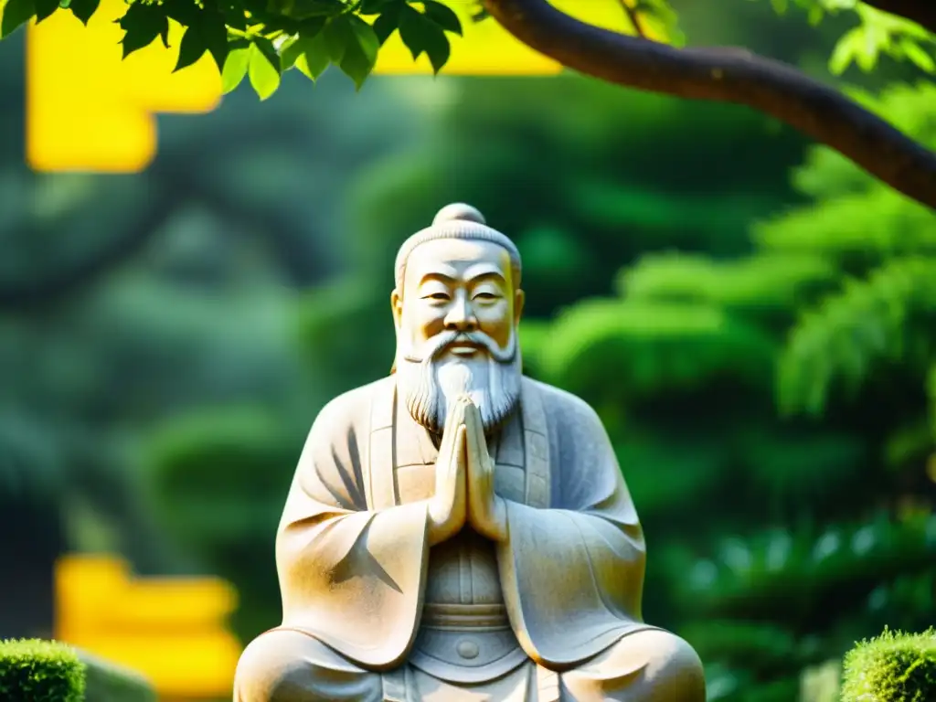 Escultura antigua de Confucio en jardín sereno, irradiando resiliencia y sabiduría en medio de exuberante vegetación