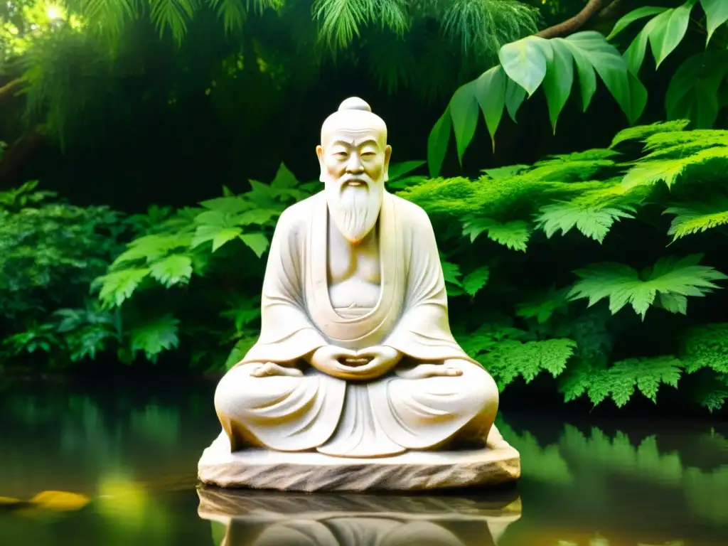 Escultura antigua de Lao Tzu en un entorno natural sereno, evocando la esencia del Taoísmo y los libros esenciales para comprender su enseñanza