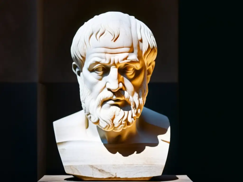 Una escultura de mármol de Aristóteles, mostrando su expresión contemplativa y la artesanía detallada