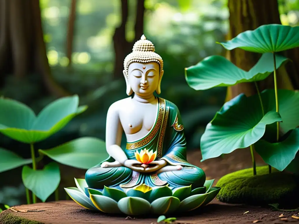 Escultura de Buda en el bosque, rodeada de naturaleza exuberante y luz suave, reflejando principios éticos budistas para vida