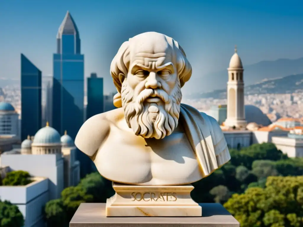 Escultura de mármol de Sócrates en una ciudad moderna, reflejando la psicología del asombro Sócrates en la sociedad actual