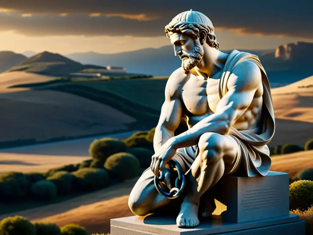 Una escultura clásica de una figura encadenada, con expresión reflexiva, en un paisaje vasto