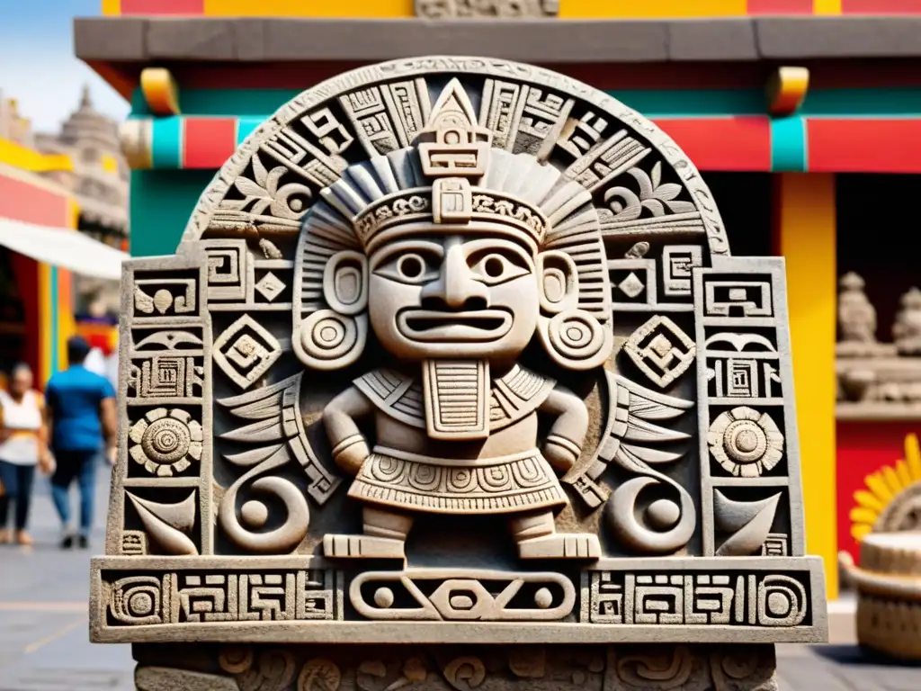 Escultura detallada de Xiuhtecuhtli, dios azteca del fuego y renacimiento, en mercado vibrante de Tenochtitlan