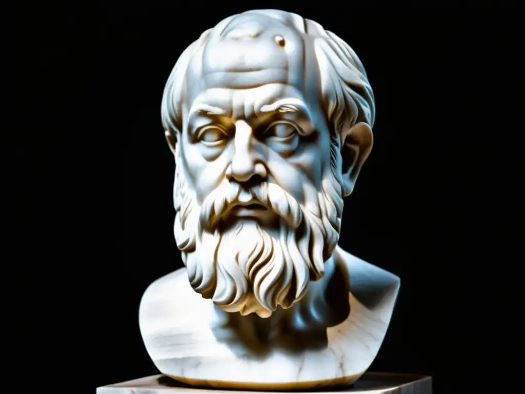 Una escultura en mármol de Platón, con detalles intrincados y expresión sabia
