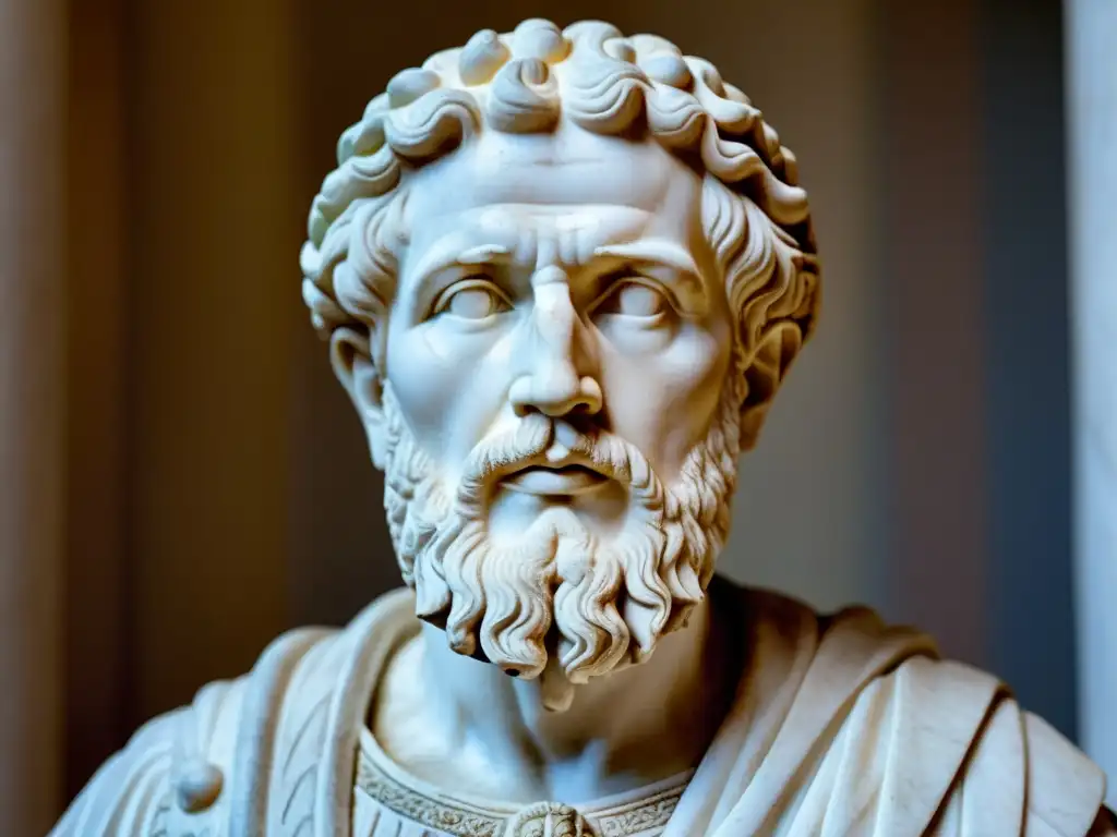 Escultura de mármol del Emperador Marco Aurelio, reflejando la filosofía estoica y resiliencia en su mirada serena y su atuendo regio