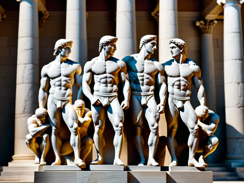 Escultura de mármol de atletas griegos en acción Escultura en mármol de equipo de atletas, con detalles intrincados y expresiones faciales intensas, enmarcados por columnas griegas antiguas