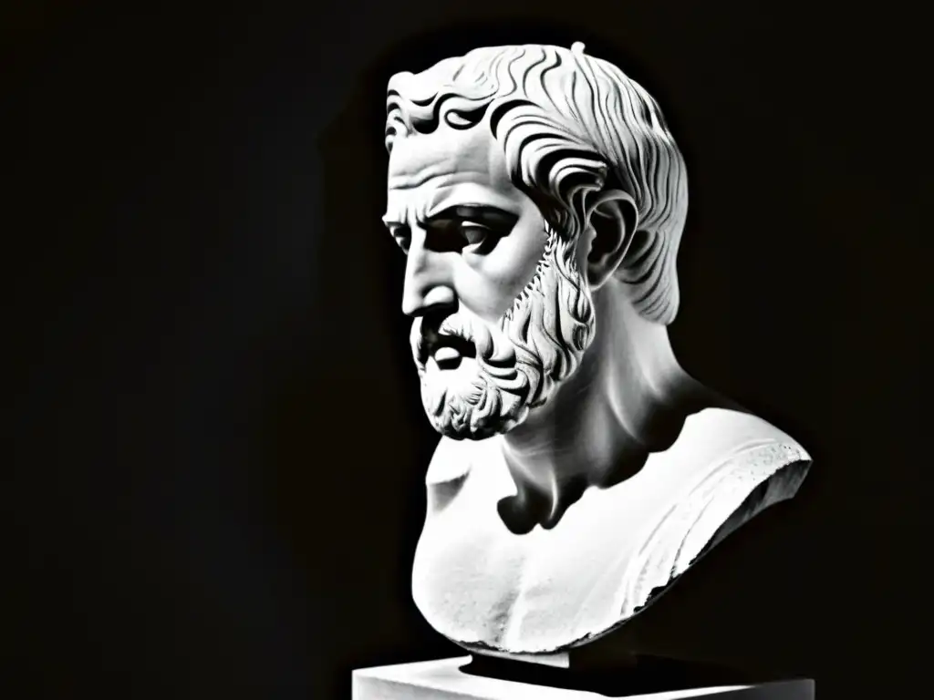 Una escultura de un filósofo griego antiguo en blanco y negro, iluminada por un rayo de luz, con expresión contemplativa