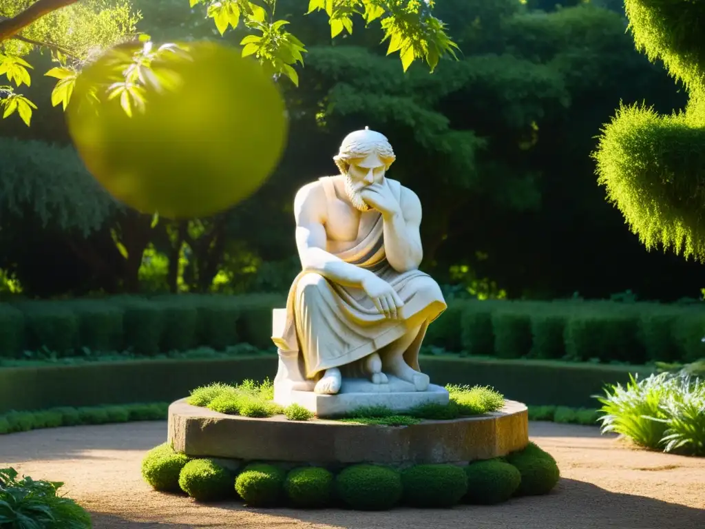 Escultura de filósofo pensativo en jardín antiguo: importancia del escepticismo filosófico