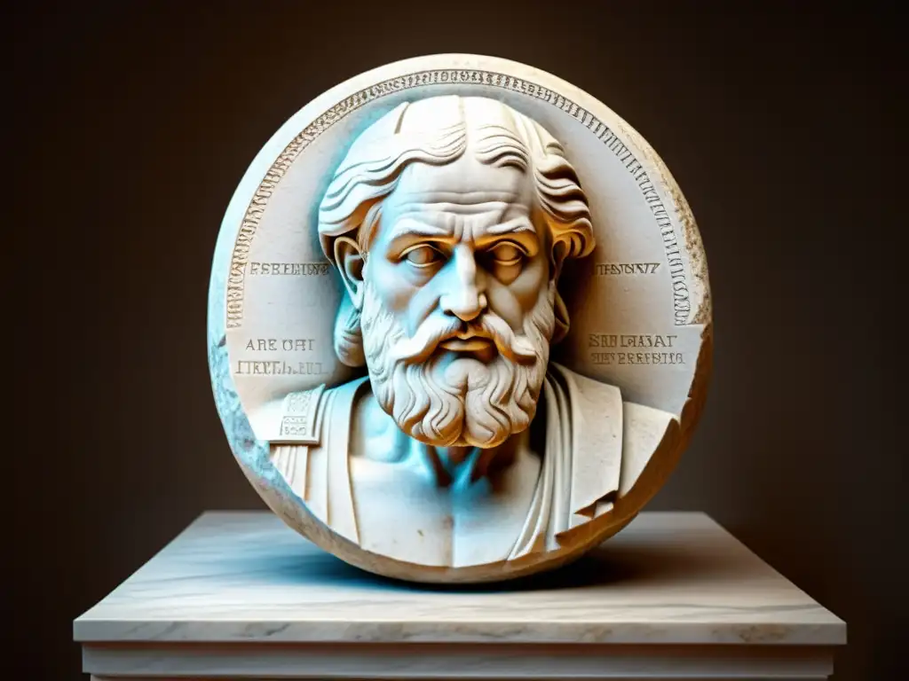 Escultura en piedra de filósofo griego antiguo iluminada por luz natural, reflejando la sabiduría y la búsqueda filosófica eterna