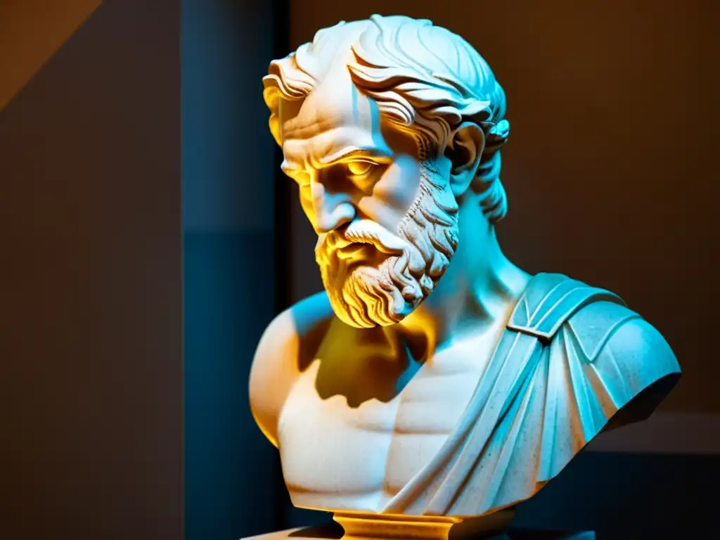Escultura de filósofo griego en mármol, iluminada dramáticamente para resaltar detalles
