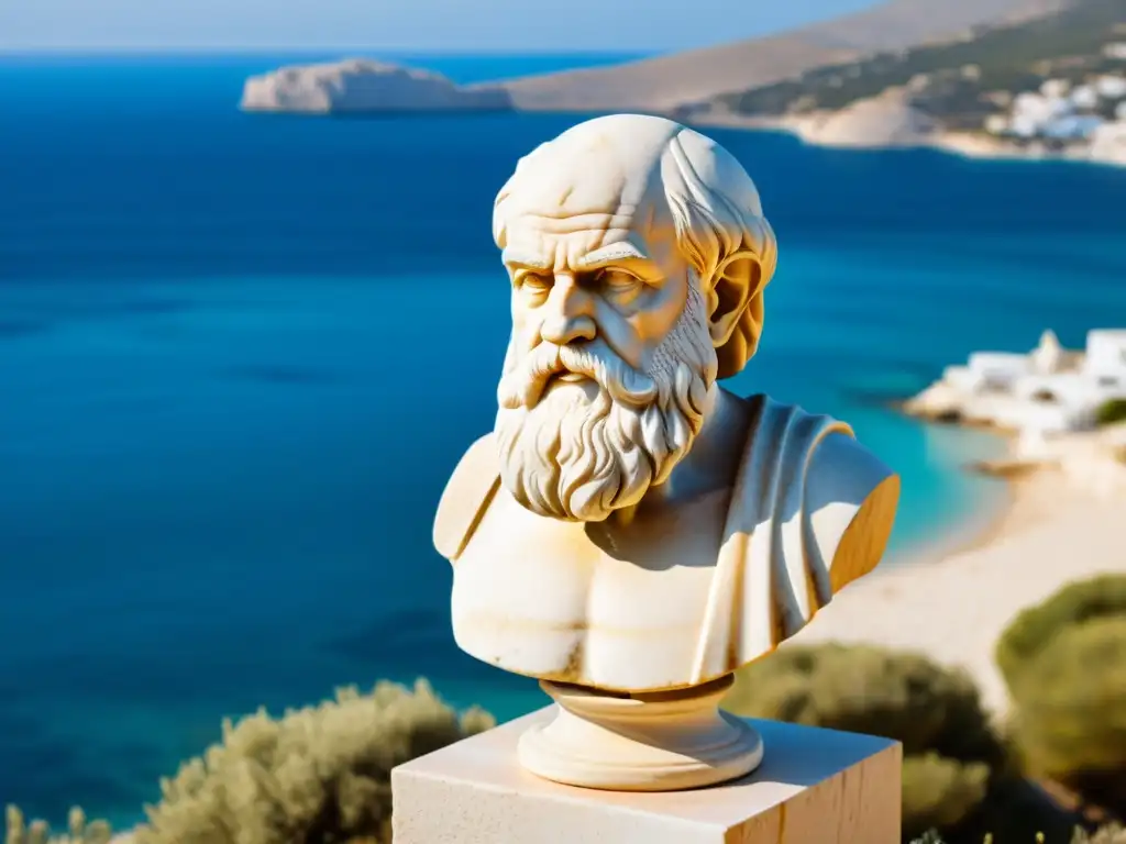 Escultura de mármol de Heraclitus en una costa mediterránea, evocando calma y reflexión filosófica presocrática