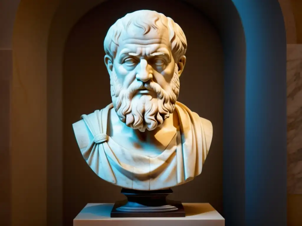 Escultura de mármol de Aristóteles, legado filosofía y lógica occidental, iluminada en galería de museo