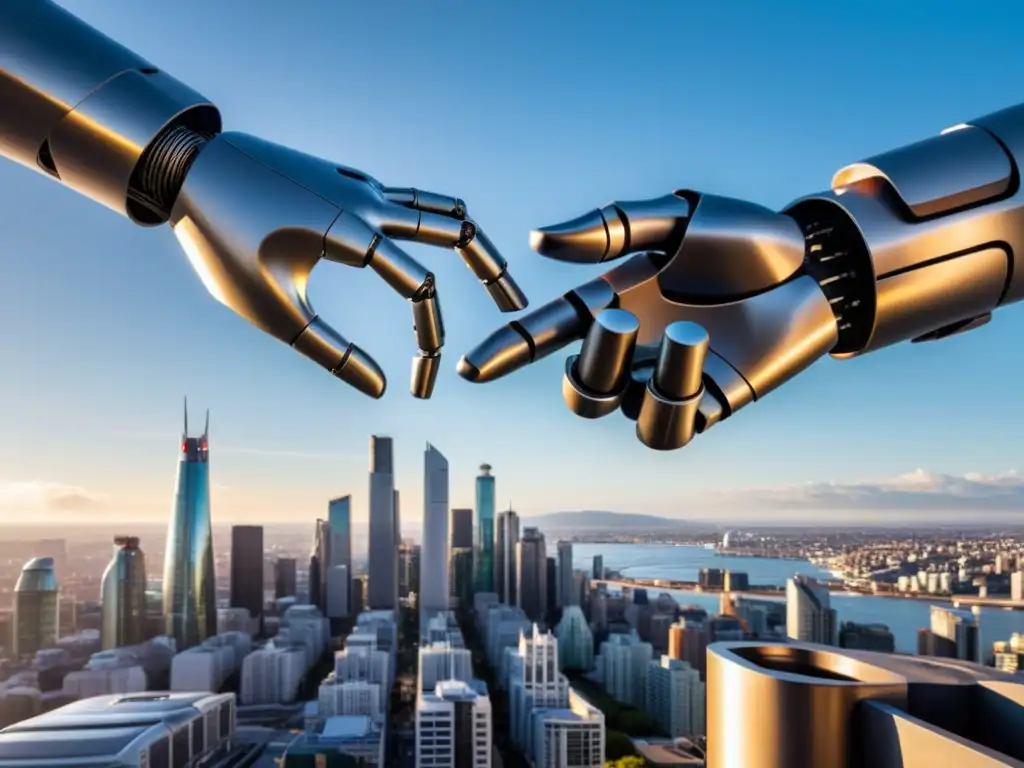 Escultura de mano humana y robot tocándose, con ciudad futurista al fondo