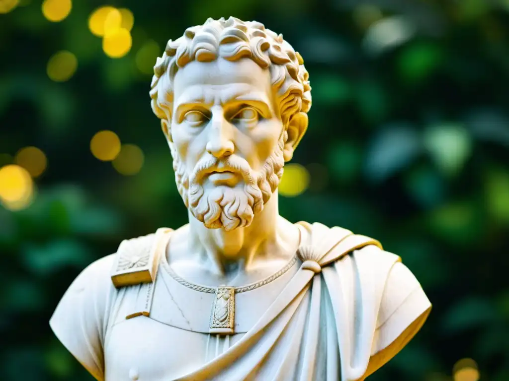 Escultura de mármol de Marco Aurelio en jardín romano, transmitiendo serenidad y relevancia meditaciones Marco Aurelio