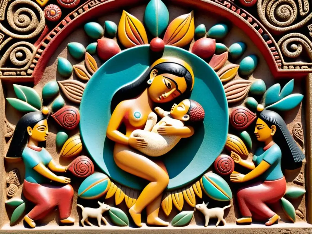 Escultura mesoamericana detallada de parto rodeada de deidades y espíritus