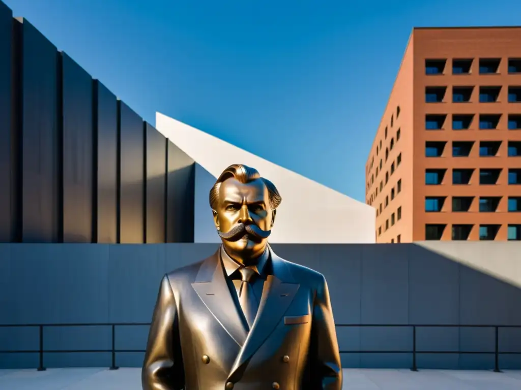Una escultura monumental del bigote de Nietzsche en un entorno urbano moderno, capturando su influencia filosófica