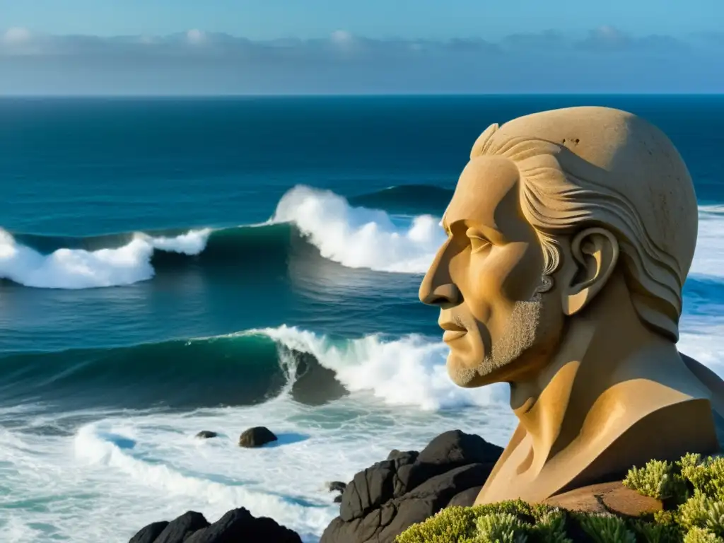 Escultura de piedra desgastada con figura contemplativa mirando al mar tumultuoso