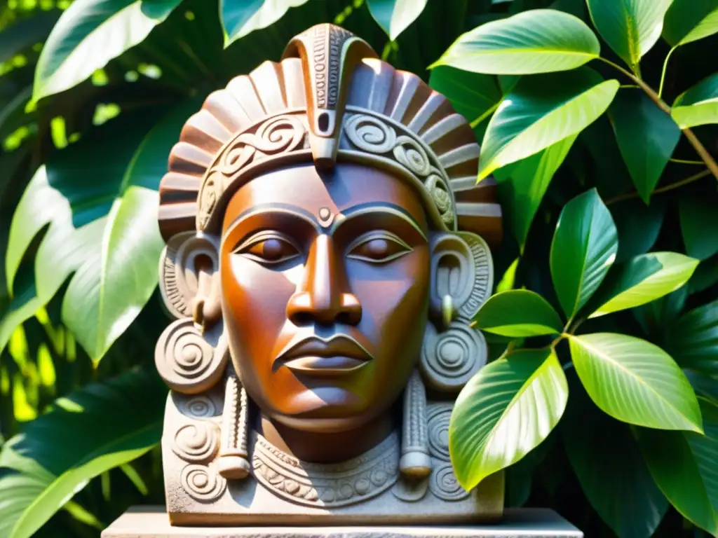 Escultura en piedra de un jefe Taíno con joyas y tocado, rodeado de exuberante vegetación tropical