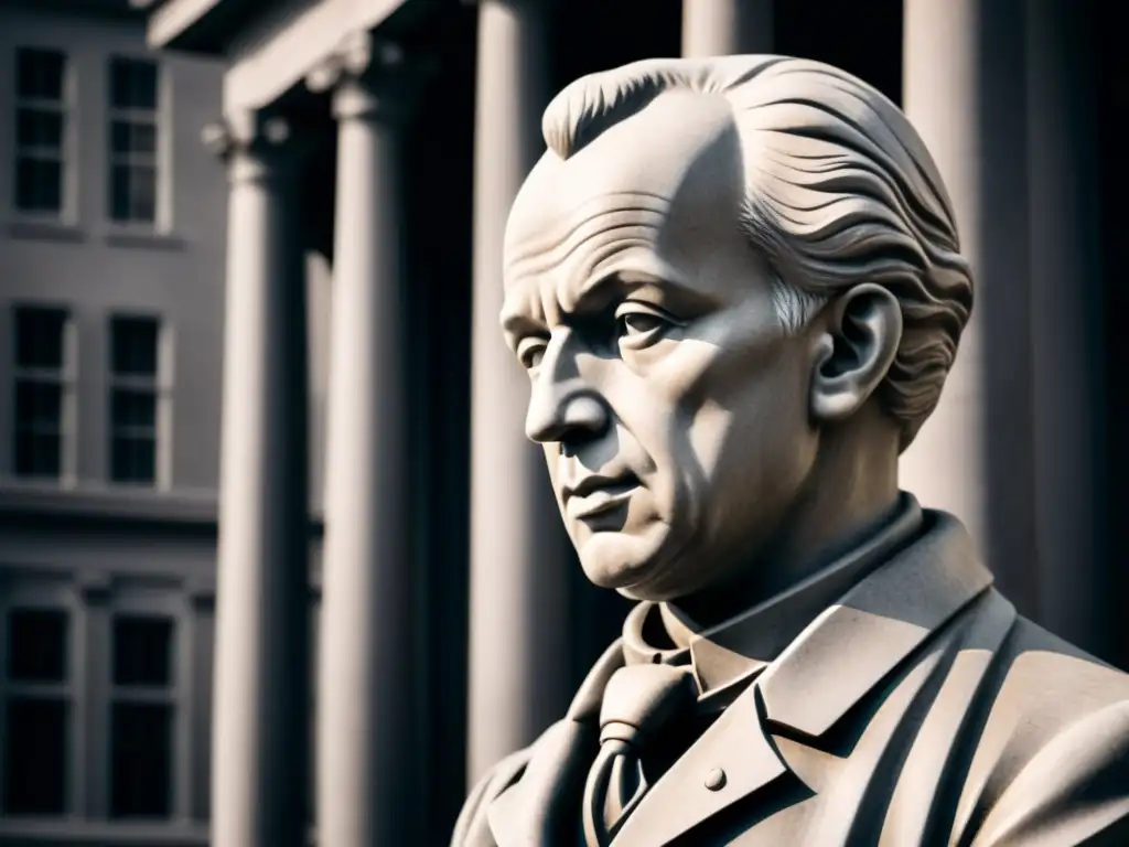 Escultura de Immanuel Kant en piedra, expresando liderazgo ético con imperativo categórico y sabiduría en la ciudad