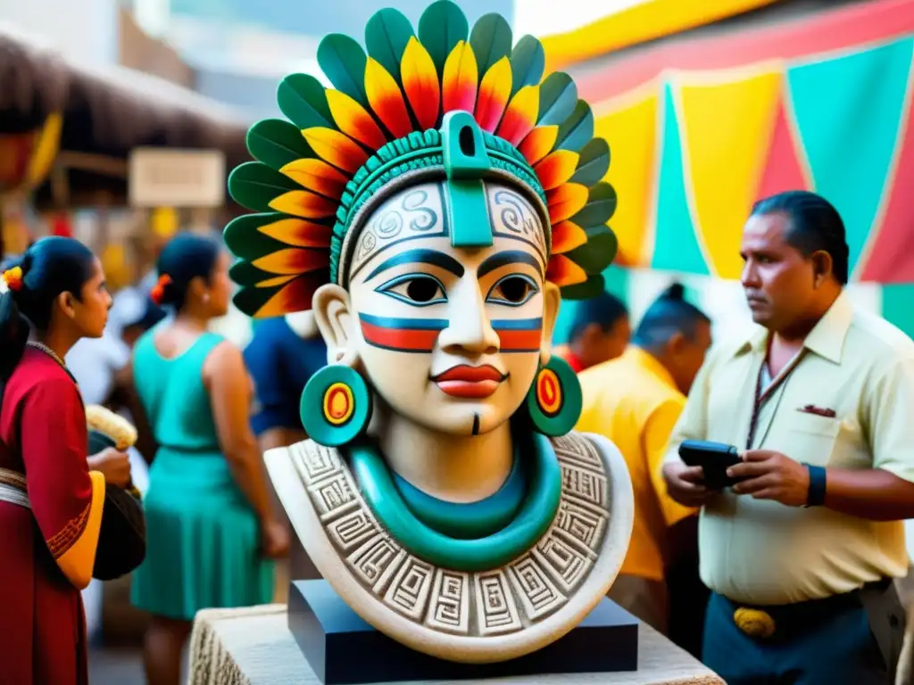 Escultura de piedra mesoamericana detalla el rito de transición a la adultez, en un mercado vibrante