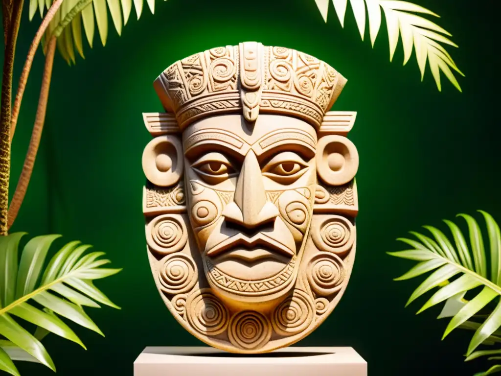 Escultura de piedra tallada de una criatura mítica del folclore precolombino del Caribe, iluminada para resaltar detalles intrincados